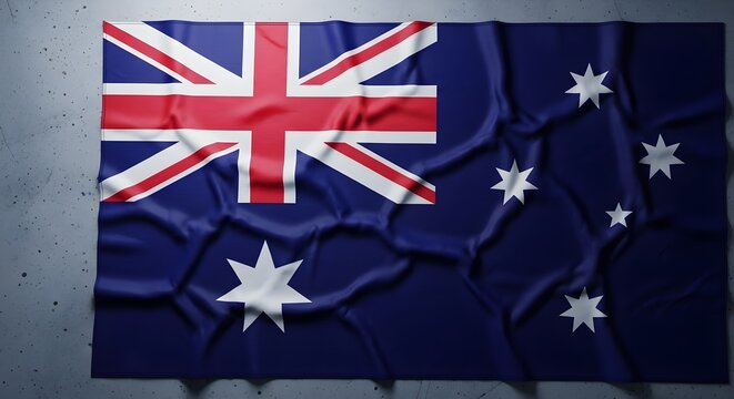 Waving australian flag on a concrete background the national flag of australia features the union jack in the canton, the commonwealth star, and the southern cross constellation
