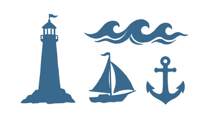 Naklejka premium Nautical vector silhouette set featuring lighthouse sailboat ocean waves and anchor icons for marine design