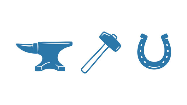 Blacksmith tool vector icons set featuring anvil hammer and horseshoe for metalworking and farrier business branding
