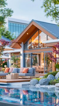 Luxury modern resort villa with a private swimming pool, elegant outdoor lounge, and landscaped garden, showcasing premium hospitality, vacation, relaxation, architecture, and upscale living.