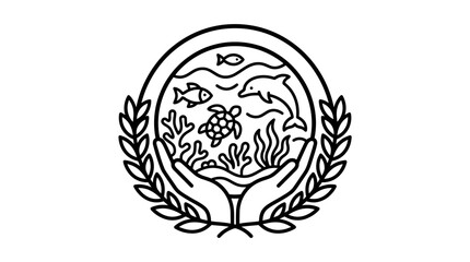 Obraz premium Elegant Black and White Marine Life Emblem with Fish Sea Turtle and Coral Inside a Laurel Wreath
