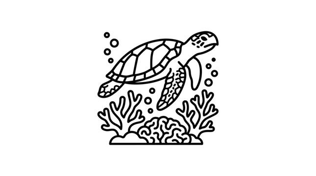 Industrial Style Black and White Line Drawing of Sea Turtle Swimming Near Coral Reef and Seaweed