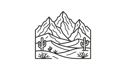 Naklejka premium Professional Black and White Desert Mountain Landscape Line Art with Cacti and Winding River with high quality professional line art symbols for modern creative design and digital branding projects