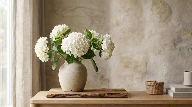 White Hydrangea Bouquet in Ceramic Vase on Rustic Wood Table