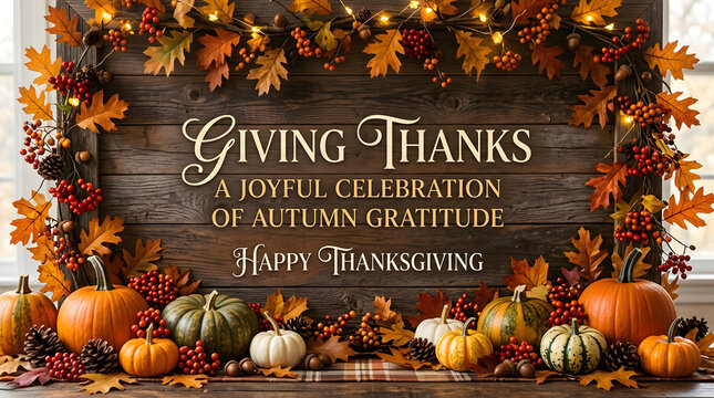Rustic wooden thanksgiving background featuring colorful autumn leaves pumpkins and glowing fairy lights for a festive holiday celebration of gratitude and seasonal joy