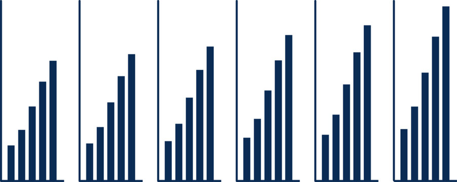 A series of six vertical bar charts showing consistent upward growth trends across multiple financial business categories