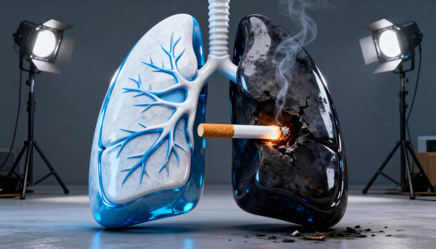 Healthy and diseased human lung comparison lit cigarette emitting smoke in studio set 3D render