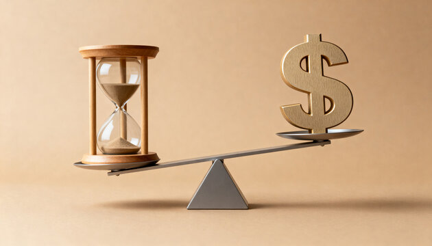 Wooden hourglass dollar sign symbol balancing on seesaw scale minimalist studio setting warm neutral lighting