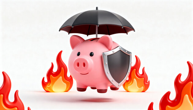 Pink piggy bank under black umbrella holding shield surrounded by fire flames for financial insurance 3D render