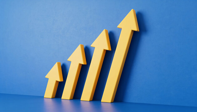 Four yellow 3D arrows rising upward against blue background representing business growth and financial success 3D render