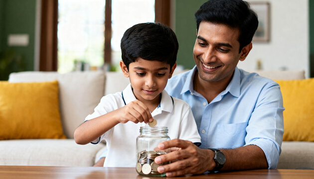 Happy Indian father and young son saving money putting coins in glass jar sitting in living room bright daylight