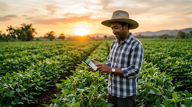 Farmer in striped shirt inspecting healthy green crops at sunrise.