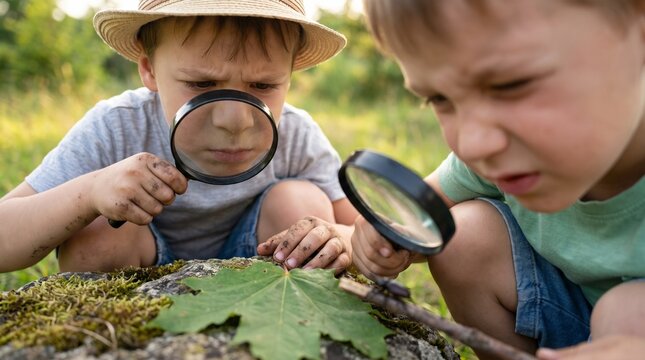 Two young boys engrossed in exploring nature, examining a leaf with magnifying glasses, showcasing curiosity and a passion for discovery.