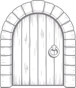 Un dibujo lineal en blanco y negro de una puerta de madera arqueada r&uacute;stica con un cl&aacute;sico llamador de anillo met&aacute;lico