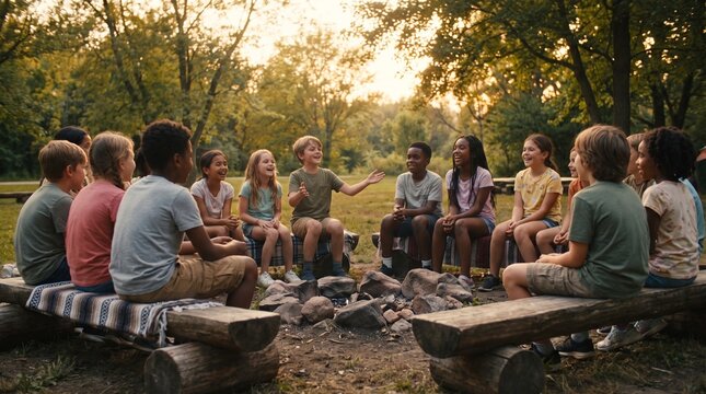 A diverse group of young children sitting in a circle around a campfire in a park, listening to a story. The sun is setting, casting a warm glow on the scene