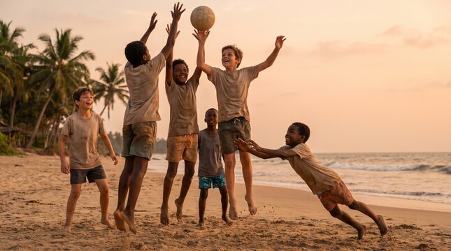 A group of young boys joyfully playing soccer on a sandy beach at sunset, with palm trees in the background
