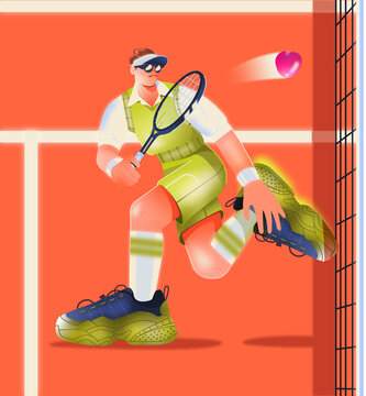 Stylized Tennis Player Leaping at the Net with Heart-Shaped Ball