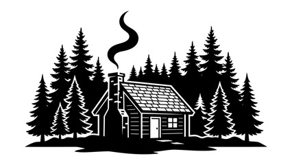 Obraz premium Rustic Cabin in Pine Forest: A charming log cabin nestled amidst a dense silhouette of pine trees, with smoke gently rising from its chimney, creating a scene of rustic tranquility.