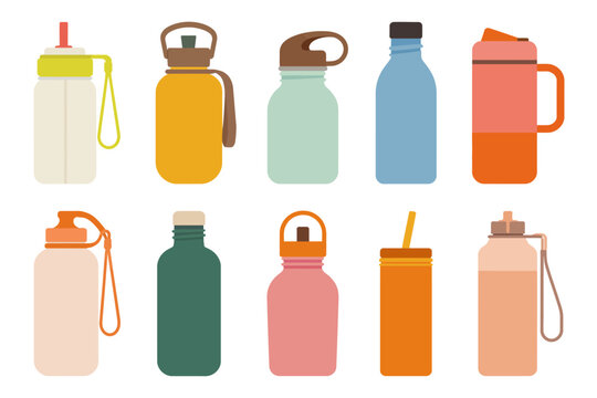Una colecci&oacute;n de botellas de agua reutilizables de colores y recipientes de hidrataci&oacute;n en estilo plano
