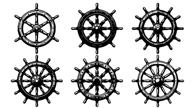 Six ship steering wheels set with vintage nautical design featuring brass spokes and wooden rims with detailed carvings and weathered texture