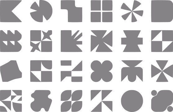 Una colecci&oacute;n de diversas formas geom&eacute;tricas grises y abstractas dispuestas en un patr&oacute;n de cuadr&iacute;cula sobre fondo blanco