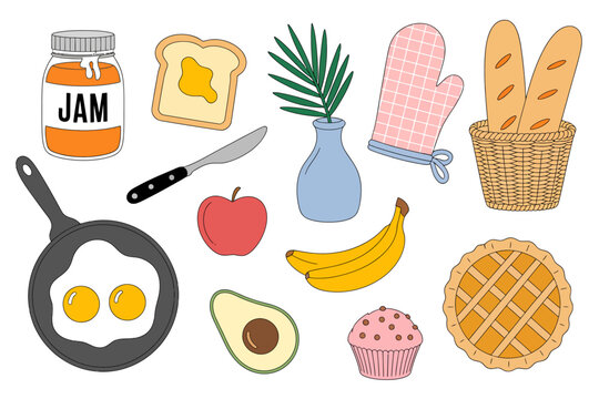 Una colecci&oacute;n de comida de desayuno linda dibujada a mano que incluye tostadas, mermelada, huevos, fruta y panader&iacute;a sobre blanco