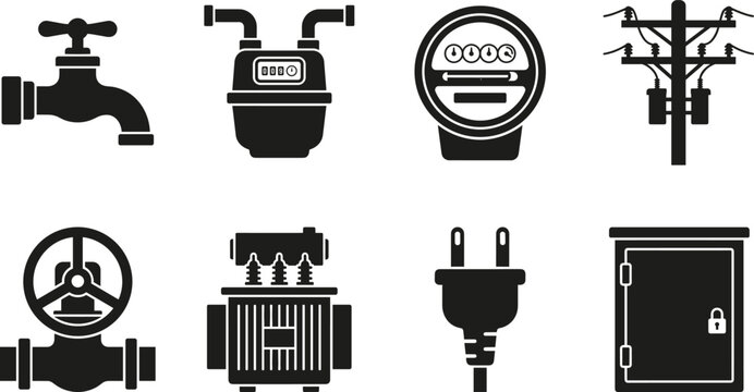 Utility Infrastructure Icons Set with Water Tap Electric Meter Transformer and Power Distribution