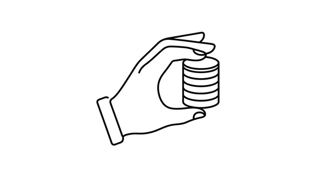 A simple black and white line art illustration of a hand holding a stack of coins representing financial savings concept