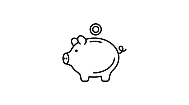 Minimalist line art icon of a piggy bank with a coin being inserted representing personal finance savings and investment concepts