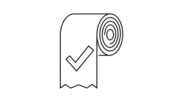 A simple black and white line art illustration of a toilet paper roll with a check mark symbol on it
