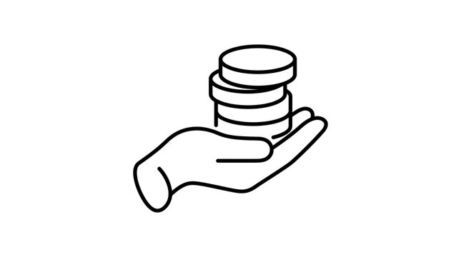 A minimalist line art icon showing a human hand holding a stack of coins representing financial savings and investment growth