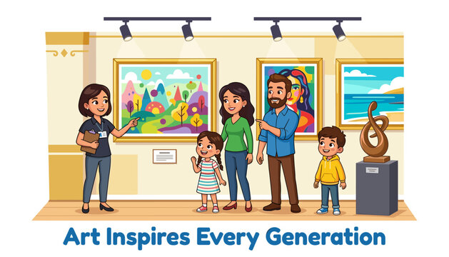 A museum guide explaining art to a family with two children in an art gallery, featuring colorful paintings and a sculpture, educational and cultural experience