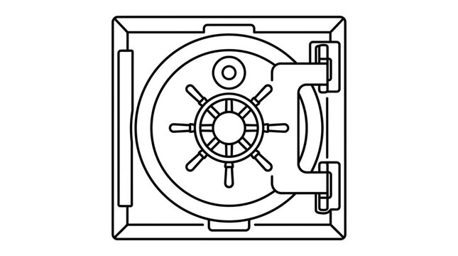 A simple black and white line art illustration of a heavy bank vault door with a round spinning locking wheel