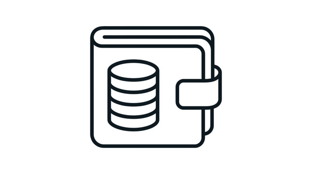 A simple outline icon of a wallet containing a stack of coins representing personal finance savings and digital money management