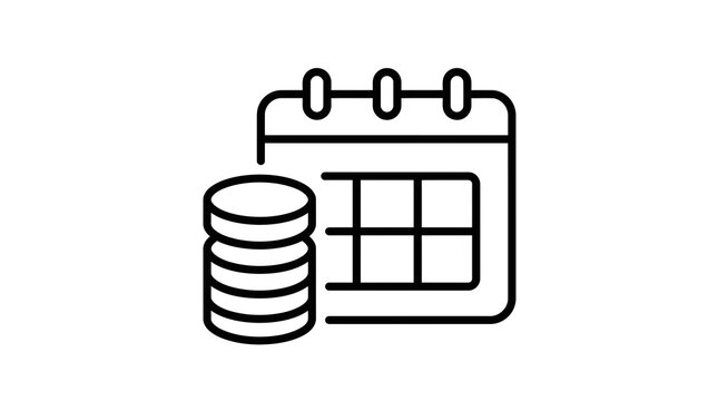 A simple black line icon showing a calendar page next to a stack of coins representing financial planning and savings
