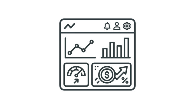 Minimalist outline icon representing a digital financial dashboard with various data visualization charts and growth indicators for business performance analysis