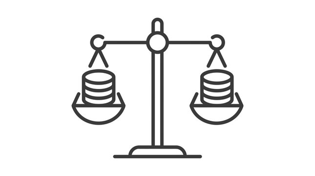 A simple black outline icon of a balance scale with equal stacks of coins on both sides representing financial equality