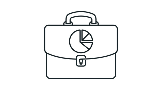 Minimalist line art icon of a business briefcase featuring a pie chart symbol representing financial data analysis and corporate management
