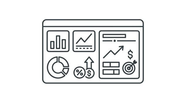 A minimalist line art icon representing a digital business dashboard with various financial charts graphs and performance metrics for analytics