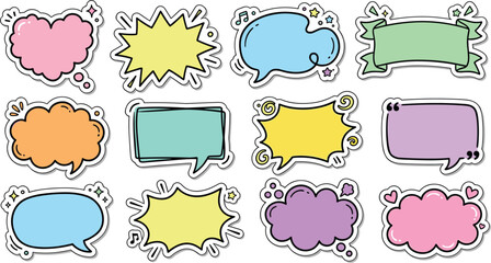 Fototapeta premium Hand drawn cute colorful speech bubble sticker set with cloud shape, star, heart, quote frame, ribbon banner, and doodle elements for text message design.