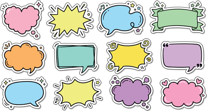 Hand drawn cute colorful speech bubble sticker set with cloud shape, star, heart, quote frame, ribbon banner, and doodle elements for text message design.