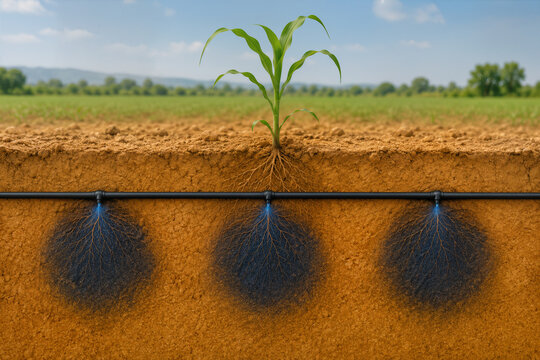 Coupe de sol d&rsquo;irrigation goutte-&agrave;-goutte enterr&eacute;e sous culture