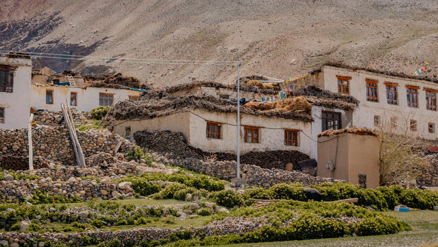 Zanskar and Ladakh village view of traditional stone mud houses with flat rooftops beneath steep barren mountain slopes