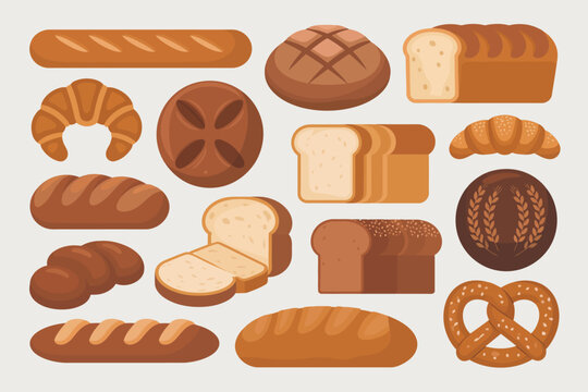 Una colecci&oacute;n de varios productos de panader&iacute;a frescos que incluyen hogazas de pan, cruasanes y pretzels en estilo plano