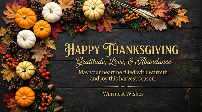 Beautiful rustic thanksgiving background featuring colorful autumn leaves pumpkins and pine cones on a dark wooden surface with elegant holiday greeting text overlay