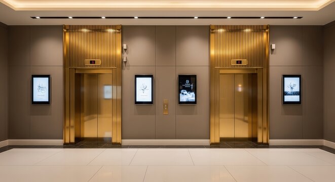 Modern Luxury Elevator Lobby with Golden Doors and Digital Displays in Upscale Corporate Building