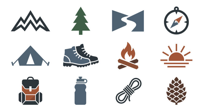 Camping and hiking outdoor adventure icon collection