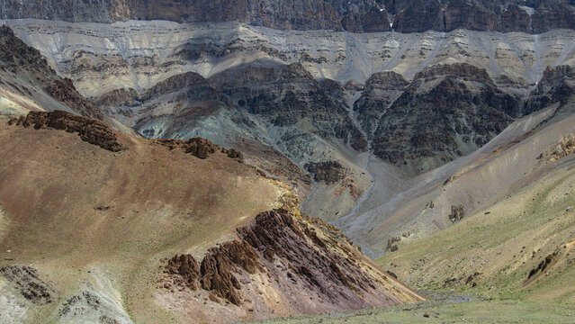 Multi Colored Geological Rock Strata and Mineral Formations on Rugged Mountain Slopes, High Altitude Cold Desert Terrain in Zanskar Ladakh India
