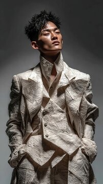Man in Sculptural Avant-Garde Tailoring with Textured Layers