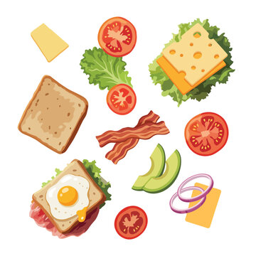A vibrant flat lay image showcases various breakfast ingredients including sliced bread, cheese, lettuce, tomato, bacon, and an egg, evidently promoting a hearty morning meal.